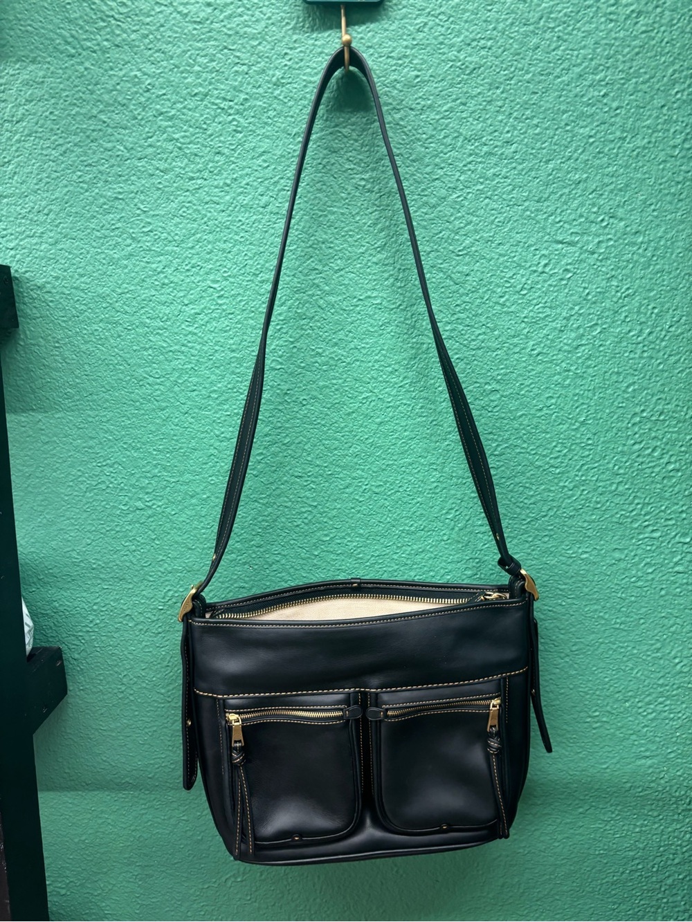 Coach Black Leather Shoulder Bag with Front Zip Pockets